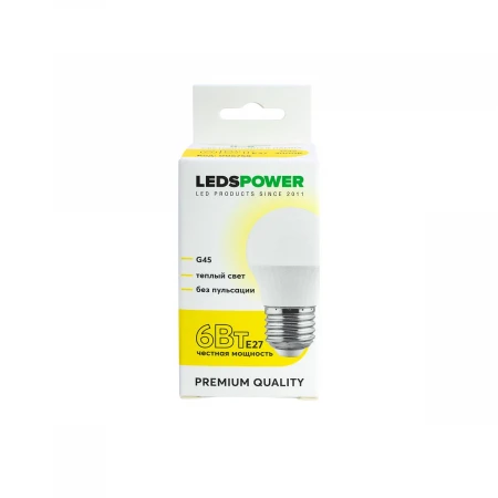 Светодиодная лампа LEDS POWER G45 E27 6Вт 3000К 006758